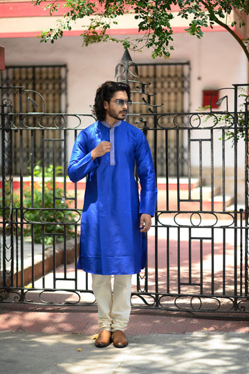 Royal Blue Men's Long Cotton Silk  Kurta - NamegStore